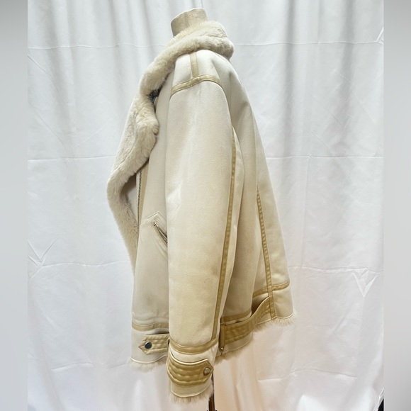 Faux shearling/fur cream oversized biker jacket from Zara women’s size M - Picture 2 of 8